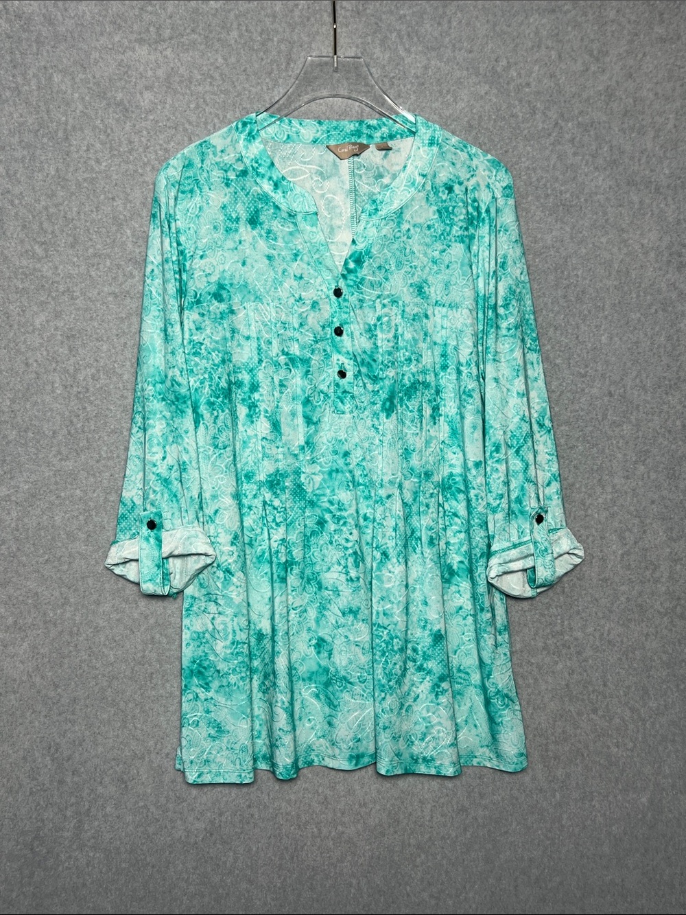 Coral Bay Bright Blue Teal Tie Dye / Floral Flowy 3/4 Sleeve Shirt Sz L